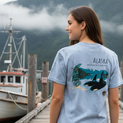 Woman wearing a blue t-shirt with an Alaska design featuring orcas, standing on a dock with boats and mountains in the background.