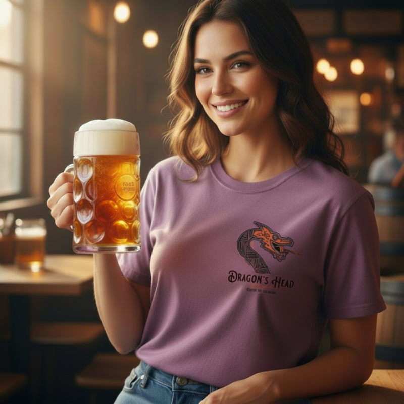 Woman holding a mug of beer in a pub setting, wearing a 'Dragon's Head' t-shirt.